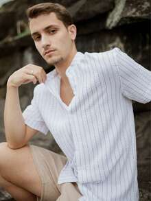 Men's Short Sleeve Shirt With Priest Collar Elegant Casual Party Work - MultiWarna - View 5