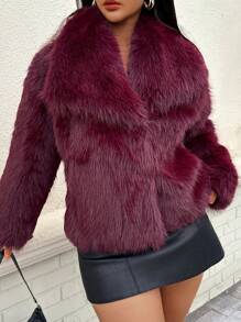 DEEKA秋冬新款加厚仿狐狸毛领连帽中长款人造皮草大衣年轻时尚 - 酒紅色 - 查看 7