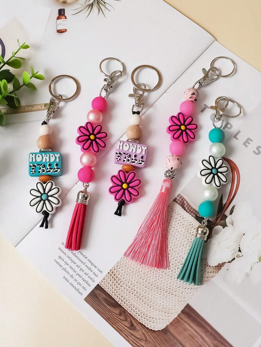 1 件迷人硅胶和亚克力串珠流苏钥匙扣，粉红玫瑰和白色花朵图案，可爱花卉包包挂饰，送给朋友、家人、女朋友的夏季礼物，汽车配件，学校背包 - 彩色 - 查看 1