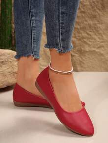 Women's Solid Color Flat Shoes, Comfortable Slip-On Soft Bottom Shoes, Casual Versatile Ballet Flats - Burgundy - View 5