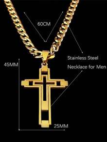 2025嘻哈十字架不锈钢链项链，金色长吊坠项链，男女通用 - 十字架項鍊 - 查看 7