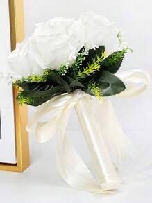 1 Strauß weiße/champagnerfarbene/blaue Hochzeitsbrautblumen, Schleifen-Dekoband mit Perlen Brautstrauß, romantische Blumenanordnung, westlicher Stil künstlicher Blumenstrauß