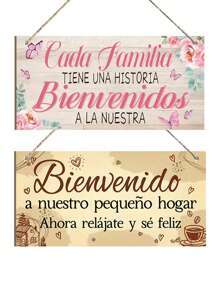 1 pieza / 2 piezas Placa de bienvenida a nuestra casa de España con flores rosas, decoración de habitación rosa, decoración del hogar, decoración de la puerta, fácil de colgar, arte de pared de 8x4 pulgadas
