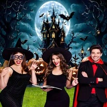 1pc Ghost Night Castle And Pumpkin Lantern Background Banner - Terrifying Bat And Full Moon Design, Suitable For Halloween Decoration, Day Of The Dead Decoration, Christmas, New Year, Autumn Decoration, Party Supplies, Party Decor, Indoor And Outdoor Garden And Courtyard Decoration - Multicolor - View 4