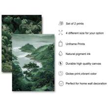 Conjunto de 2 pôsteres de parede de arte japonesa Zen Green Forest Mountain sem moldura, impressão em tela, minimalista, Japandi Wabi Sabi, pintura de paisagem abstrata para apartamento, sala de estar, quarto, decoração de casa moderna