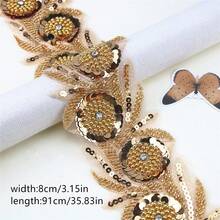 1碼金色線繡珠繡花邊，裝飾服裝婚紗，手工DIY材料適用於服裝或包袋 - 金色 - 查看 7