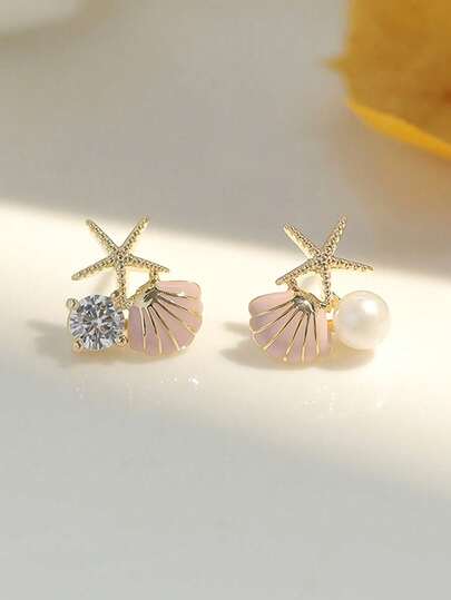 1/3 par (izquierdo y derecho) de pendientes de botón decorados con estrellas de mar y conchas para fiesta en la playa, pendientes multicomponentes con concha, estrella de mar, rhinestone y perla, diseño dulce y elegante, regalo perfecto para mujeres en citas de verano en la playa