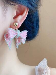 2pcs Fashionable Cute Big Bow Dangle Earrings With Sparkling Pendants, Pink Earrings Suitable For Daily Wear, Parties & Gatherings