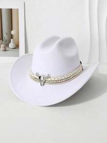 Sombrero vaquero de estilo vintage de poliéster para hombres y mujeres, con decoración de cabeza de vaca dorada, adecuado para uso casual diario, fiesta vaquera (talla única) - Multicolor - Ver 4