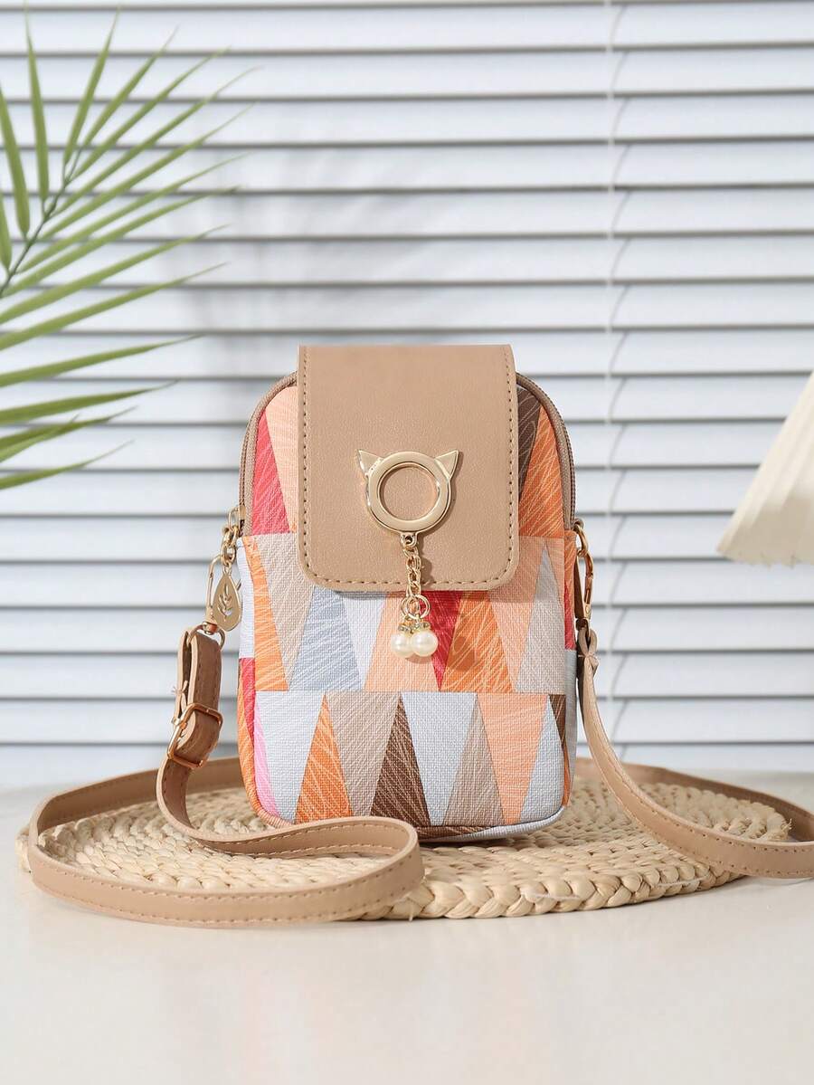 Colorful Rainbow Mobile Phone Bag, Patchwork Color Phone Pouch, Korean Style Fashion Shoulder Crossbody Bag, Suitable For Daily Outing, Gift, Party, Geometric Pattern Color Block Shoulder Bag, Multi-Purpose Phone Pouch, Student Girls College Coin Purse - Khaki - View 1
