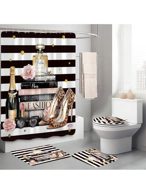 1PC/4pcs - Fashion Ladies Shower Curtain Set, Modern Magazine Book Perfume Rose Leopard Print High Heels Shower Curtain With 12 Hooks, Bathroom Non-Slip Floor Mat, Toilet U-Shaped Mat, Cover Mat, Home Decoration Gift Back To School