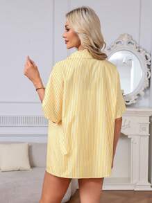 2pcs Spring/Summer Beach Vacation Casual Striped Short Sleeve Shirt With Turndown Collar And High Waist Drawstring Shorts Set, Lounge Wear & Outerwear