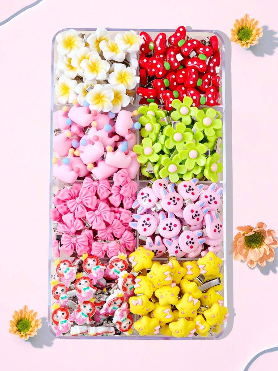 50 件/套可爱糖果色女孩发夹，可爱花朵、美人鱼、蝴蝶结、皇冠、兔子设计发饰，适合送礼和日常使用（款式和颜色随机）