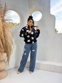 Women's Plush Blouse Coat Star Print Zipper Turtleneck Warm And Comfortable Fall Winter Fashion - 黑與白 - 查看 4