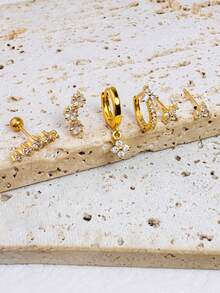 6pcs Flower Pendant Earrings Set, Stackable, Women's Casual Zirconia 14K Gold Plated Earrings, Suitable For Vacation, Party Wear, Fashion Accessory - Gold - View 2