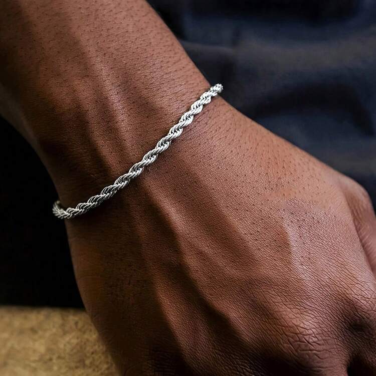 Simple Silver Color Stainless Steel Twist Chain Bracelet For Men Hip Hop Jewelry - Silver - View 13