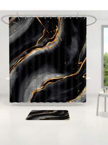 1pc/4pcs Black Marble Patterned Summer Shower Curtain Four Piece Set, Including Waterproof Shower Curtain, Non Slip Floor Mat, Toilet Seat Cover, And U-Shaped Mat, Complete Set Of Shower Curtain Kit, Twelve Hooks, Bathroom Decoration, Holiday Gift Back To School