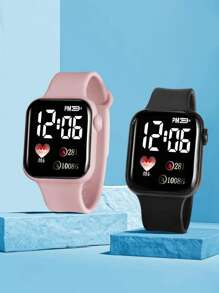 2件/4件套心形手链和男女通用数字显示运动手表