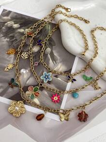 1 Colar com pingente de flor colorida e borboleta, colar de aço inoxidável com corrente, departamento colorido feminino, luz avançada, luxo, vitalidade animada, versátil, alegre, comemoração, colar de Natal, joia