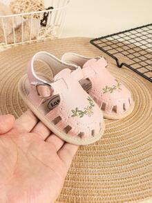 1 Pair Girls' Embroidered PU Hook And Loop Flat Fashion Versatile Breathable Sandals, Suitable For Summer - Pink - View 5