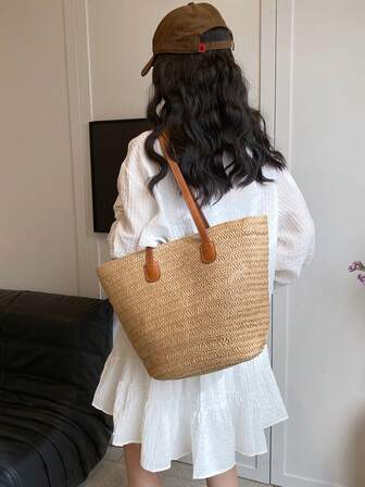 Bolso de mano de paja de gran capacidad, color caqui, con cremallera y doble correa, ideal para viajes, vacaciones y playa.