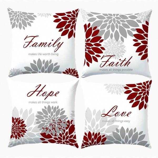 4pcs, Red & Gray Bible Verse Floral Geometric Print Pillow Covers - 16x16 18x18 20x20 Inches 100% Polyester Decorative Throw Pillow Cases With Zipper Closure, Machine Washable Contemporary Sofa Couch Bed Decor, Single-Sided Print, Without Inserts.