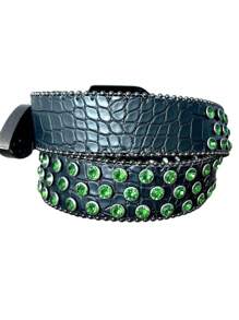 1 pieza Cinturón con patrón de cocodrilo negro y verde, con cristales incrustados, estilo punk callejero, adecuado para uso diario, fiestas, ropa de calle en otoño, accesorios de otoño-invierno, apropiado para adolescentes, jóvenes, hombres, uso casual, al aire libre, deportivo, vacaciones, regalos de graduación, cumpleaños, uso diario