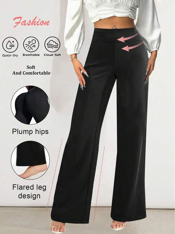 Pantalones rectos de cintura alta con elástico y holgados para mujer, negros - Mallas informales de yoga - Ajuste cómodo, cintura elástica, pantalones rectos versátiles para todas las estaciones para mujeres - Tela duradera