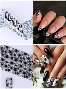 10 feuilles de feuilles de transfert d'art nail rétro noir avec des étoiles, des cœurs, des lignes et des vagues. Feuilles d'art pour ongles avec motifs étoilés, à carreaux et ondulés. Stickers de transfert pour la décoration d'ongles. Fournitures DIY