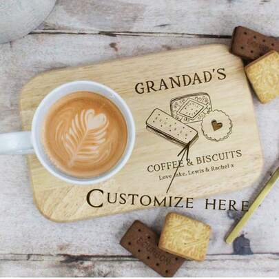 Personalised Grandad's Coffee & Biscuits Board With Coffee Mug Option, Grandad Father's Day Gift, Engraved Wooden Treat Tray, Birthday Gift