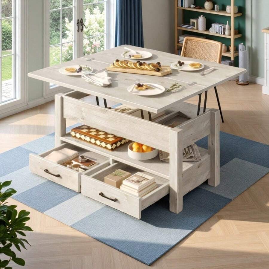 GREENSTELL Coffee Table Lift Top, Multi-Function Convertible Coffee Table With Drawers And Hidden Compartment, Coffee Table Converts To Dining Table For Living Room, Home Office - 灰色 - 查看 1