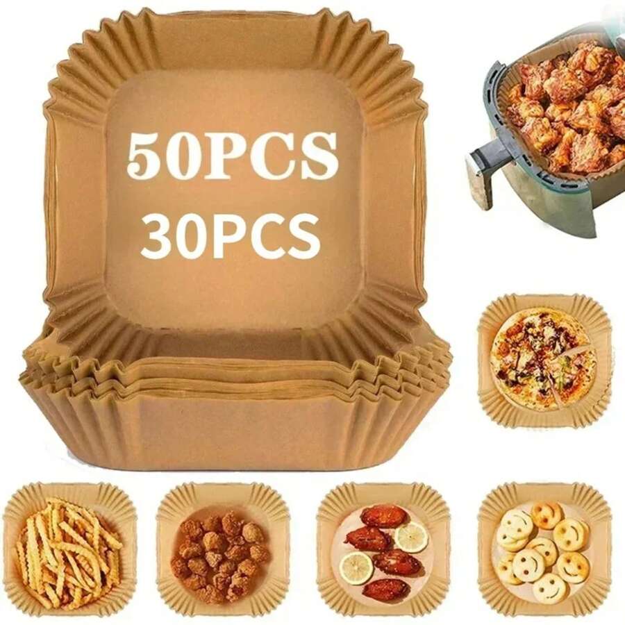 50/30 piezas de accesorios de cocina, papel para freidora de aire, utensilios de cocina, moldes de pastelería cuadrados y redondos desechables, plato de BBQ, almohadilla antiadherente ZU8Y - Cuadrado de 24x20x4,5 cm - Ver 1