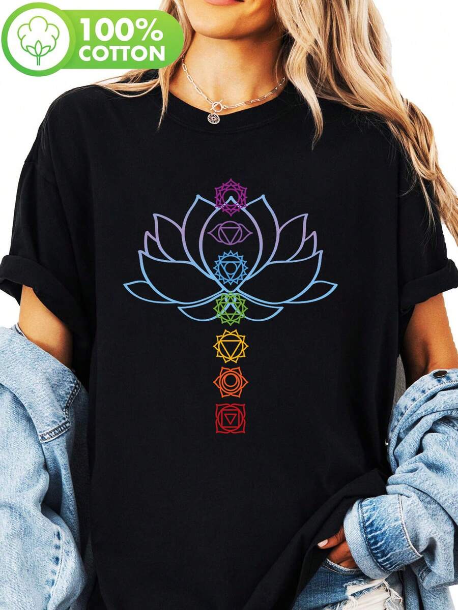 Y-Spirit Zen Lotus Chakra Geometric Pattern, Printed T-Shirt, Short-Sleeved Round-Neck Casual Top, Summer And Spring, Women's Clothing - 黑色 - 查看 1