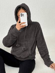 Women's Long Sleeve Tedy Coat With Front Bousa And Thick Hood Imported - 灰色 - 查看 1