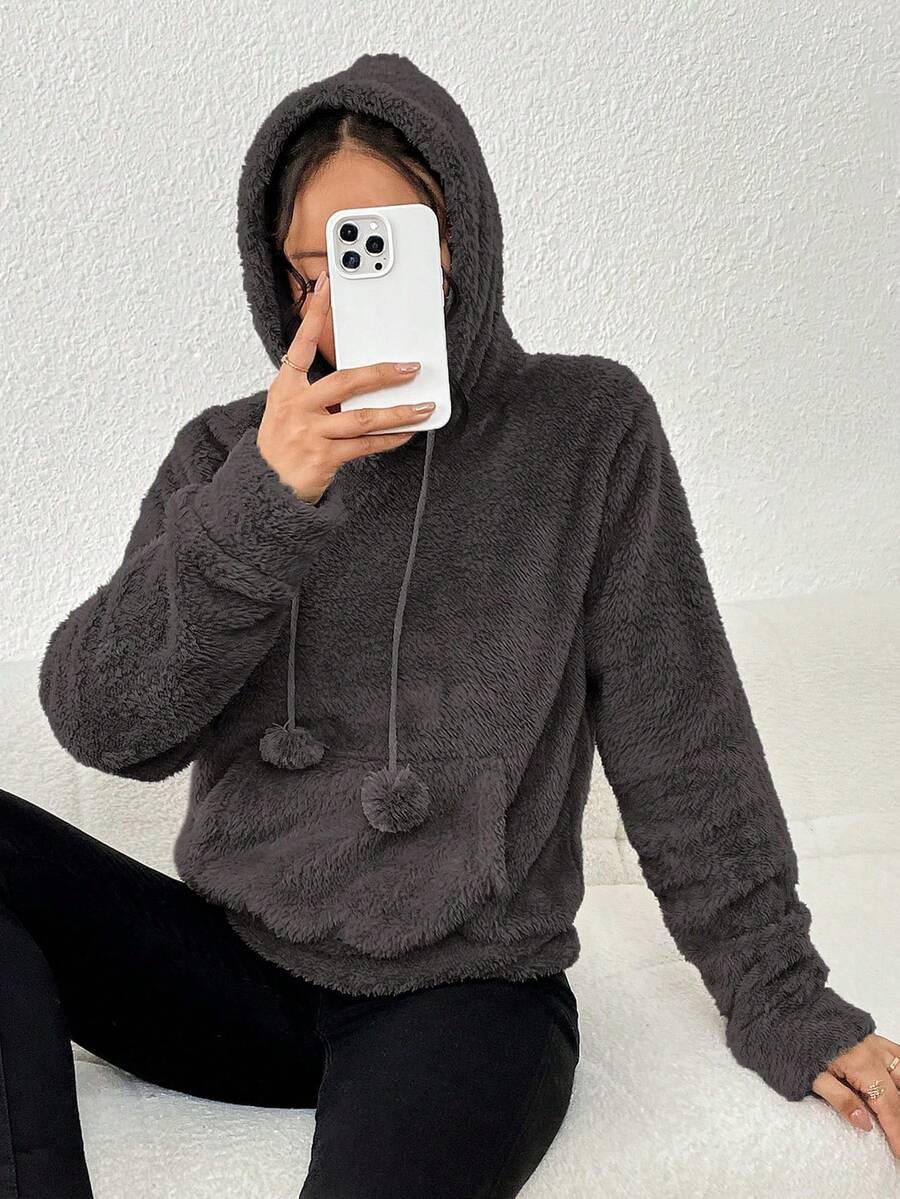 Women's Long Sleeve Tedy Coat With Front Bousa And Thick Hood Imported - 灰色 - 查看 1