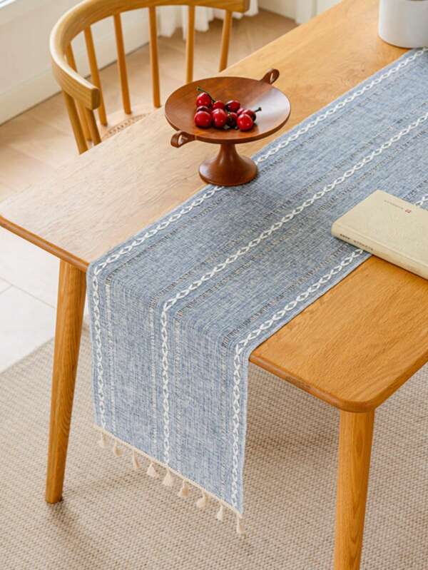 1 Pc Woven Braided Striped Table Runner With Fringes