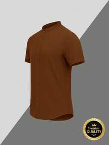 Men's Shirt Priest Collar Short Sleeve Premium Quality Social Casual - 鏽棕色 - 查看 5