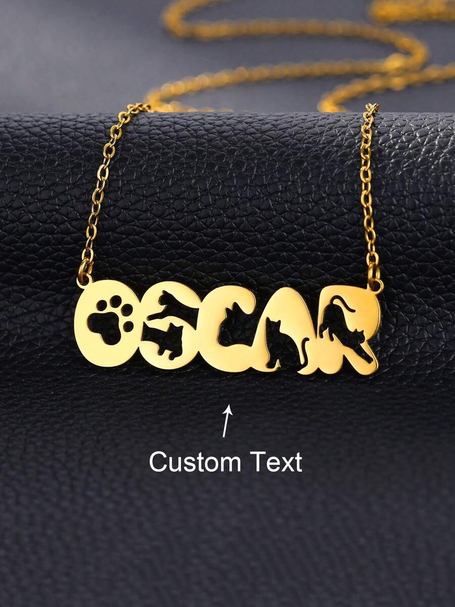 定制猫图案名字项链 男女皆宜 不锈钢定制项链吊坠个性颈链珠宝生日礼物