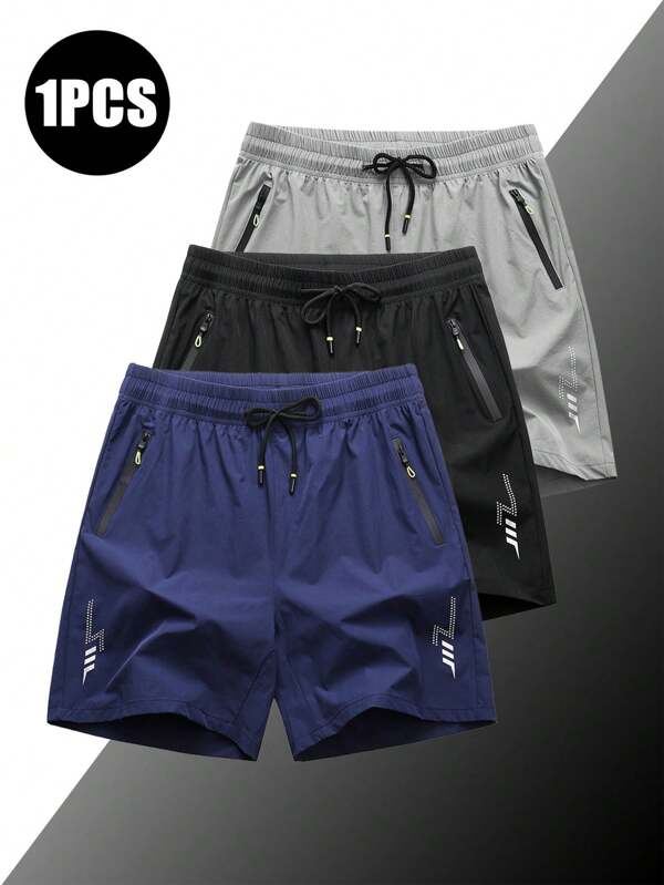 Summer Workout 1 Pair Of Men's Outdoor Sporty Casual Loose Quick-Drying Shorts, Featuring Pockets, And Having A Zipper And Drawstring At The Waist, Suitable For Fitness, Running And Outdoor Activities.