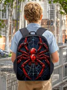 3 pièces Set de sacs à dos, Imprimé araignée/Imprimé jeu, Unisexe, Sac à déjeuner, Trousse, Sac à dos