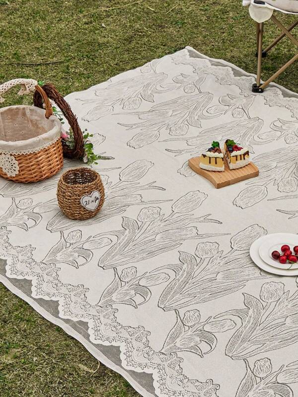 French Minimalist Tulip Lace Hollow Picnic Mat, Outdoor Gathering Camping Rug, Picnic Blanket