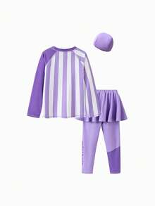 mini bala 女童泳衣套装 - 长袖上衣配裙裤和泳帽，防紫外线夏季泳装 - 紫白色調 - 查看 5
