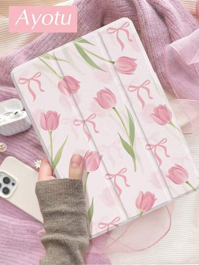 Ayotu 蝴蝶结玫瑰图案保护套，适用于 iPad 10.2 英寸（2021/2020，第 9/8 代），兼容三星 Galaxy Tab A8 10.5 英寸（2022）/ A9 8.7 英寸 / A7 10.4 英寸，带笔槽，兼容 Kindle Paperwhite 第 12 代（2024），支持自动睡眠/唤醒功能。