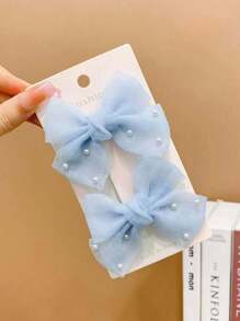 Blue Bow Party Headdress And Faux Pearl Decorative Hair Clips, Pearl Bow Hair Clips, Blue With Pearl Design Suitable For Wearing When Attending A Party, Versatile Party Hair Accessories