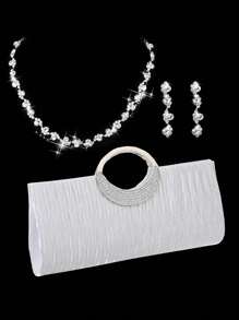 3 Peças/Conjunto Bolsa de Mão Elegante e de Luxo para Mulheres com Corrente de Cristal, Clutch, Pulseira para Vestido de Festa à Noite