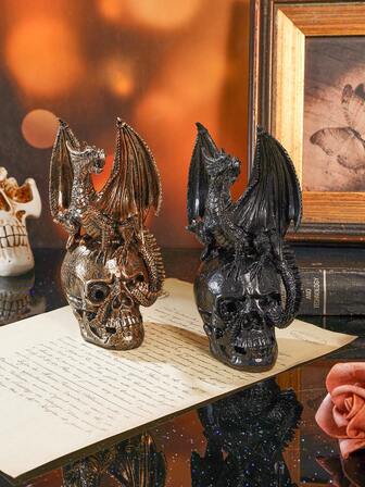 1pc Halloween Dragon Standing On Skull Decoration, Modern Polyresin Skull & Dragon Figurine, Home Decor, Suitable For Home, Store, Halloween Party And Outdoor Park Decoration