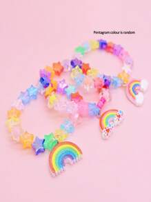 Set de 3 piezas Pulseras para niñas con cuentas en forma de estrella de cinco puntas arcoiris, aptas para uso diario