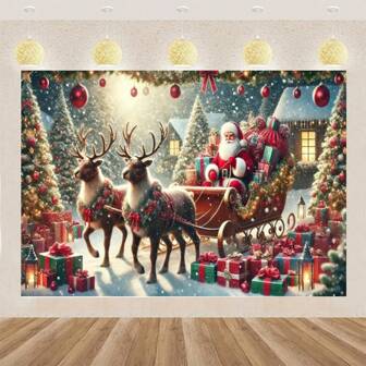1pc Santa Claus Sleigh Christmas Backdrop, Made Of Polyester Fabric, Includes Sleigh Filled With Gifts, Christmas Tree Decor, Suitable For Christmas Entrance Decor, Holiday Parties, Christmas Home Decor, Garden, Patio, Indoor/Outdoor Curtain Decor, Outdoor Events, Anniversaries, Home Decor, Holiday Celebrations And Photo Props, Christmas Decoration, Christmas Gift