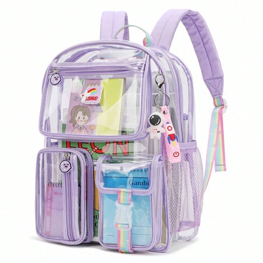 Clear Backpack Heavy Duty PVC Transparent Backpacks Stadium Approved School Book Bag Purple - Purple - View 1