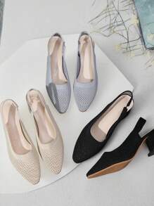 Knitted Mesh Cap Toe Back Strap Summer New Versatile Temperament Pointed Toe Low Vamp Side Hollow Thick Heel Sandals For Women